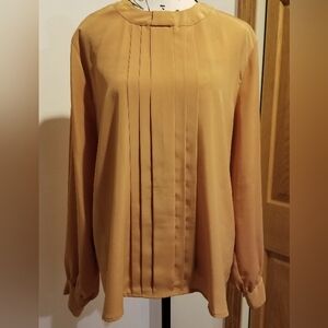 Jordan Mustard Yellow Pleated Pullover Longsleeve Button Formal Blouse Sz 12 Vtg